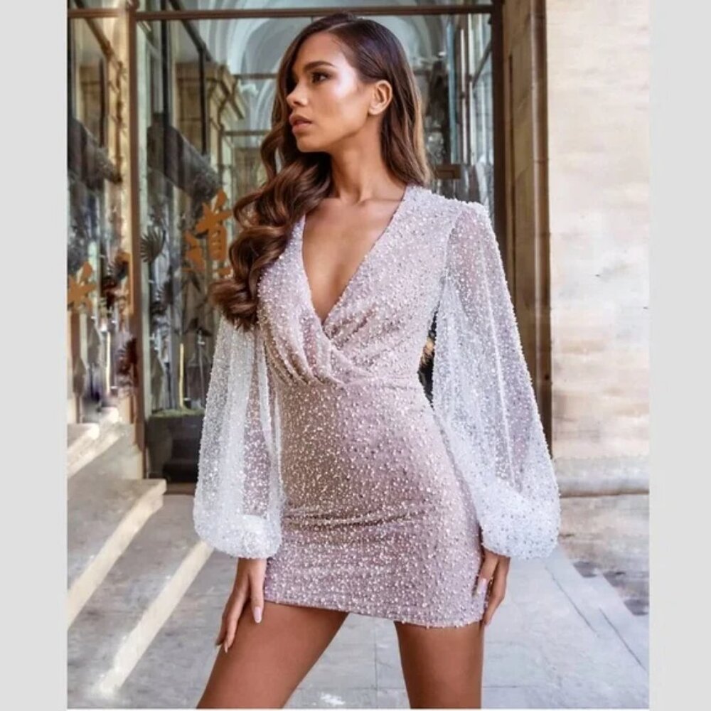 NADINE MERABI Sequin Mini Dress with Sheer Long Sleeves